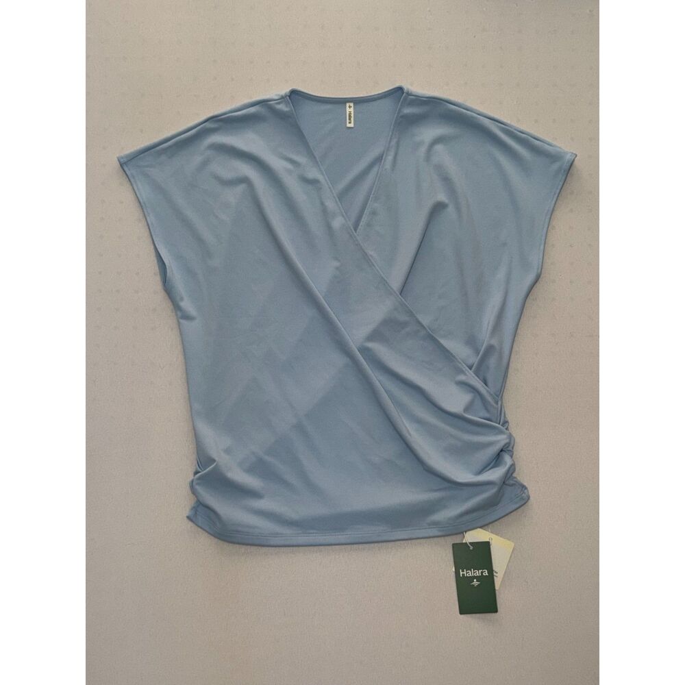NWT Halara Baby Blue Blouse | Crossover Ruched Cap Sleeve | Size Large